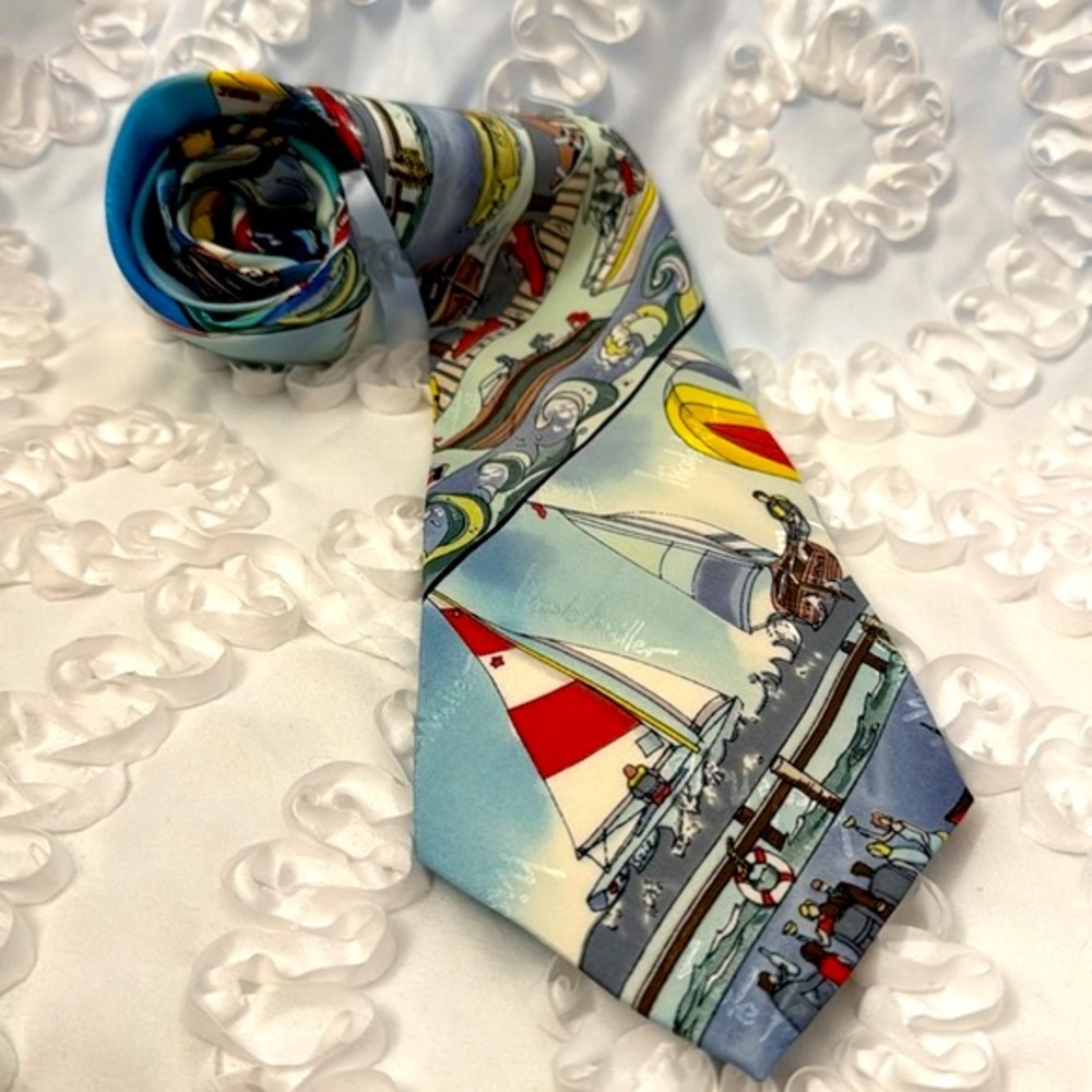 Nicole Miller Vintage 100% Silk Sailing Colorful Fishing Hand Sewn Tie 199